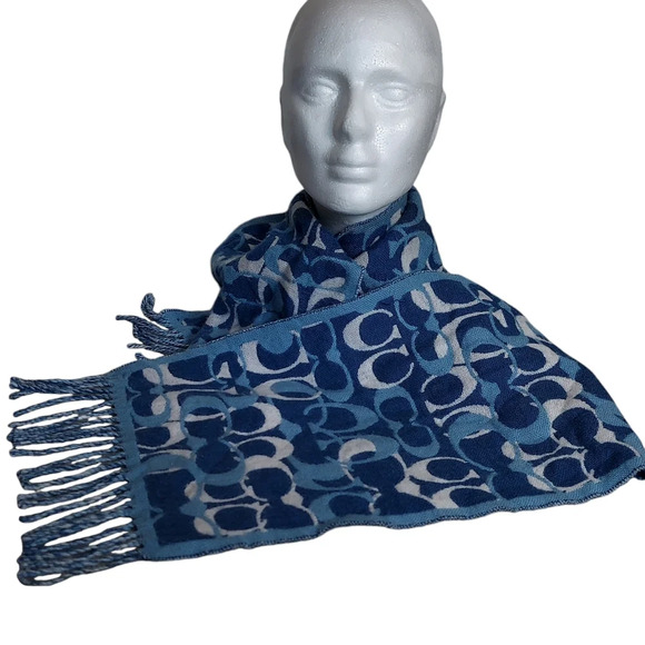 Coach Blues Monogram 100% Merino Wool Oversized‎ Scarf Muffler with fringe - Picture 11 of 15